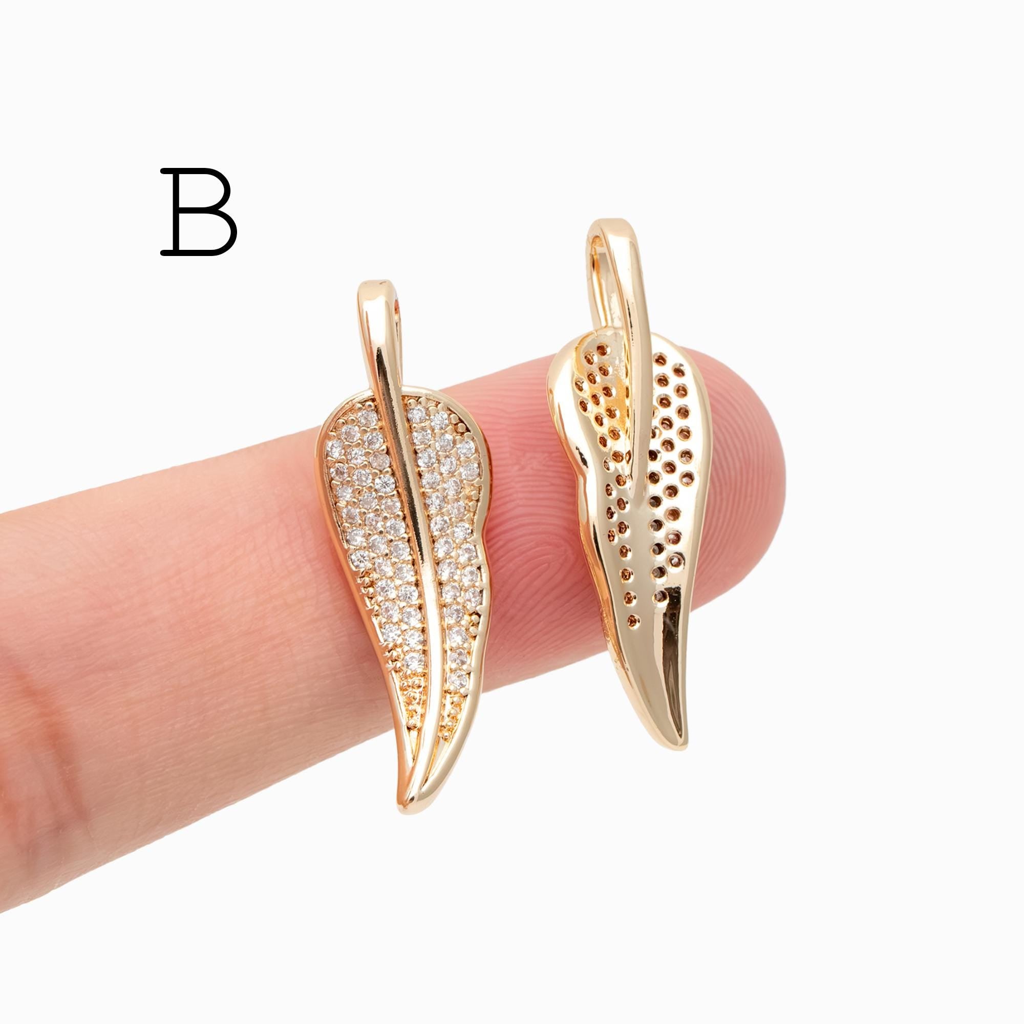4pcs CZ pave Gold Leaf Charms, 18K Gold plated Brass, Dainty Feather Pendants (GB-2310)